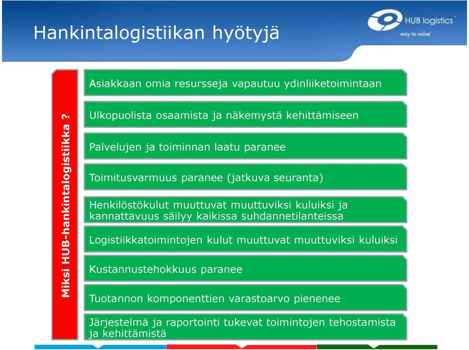 Henkilöstökulut muuttuvat muuttuviksi kuluiksi ja kannattavuus säilyy kaikissa suhdannetilanteissa Logistiikkatoimintojen kulut muuttuvat