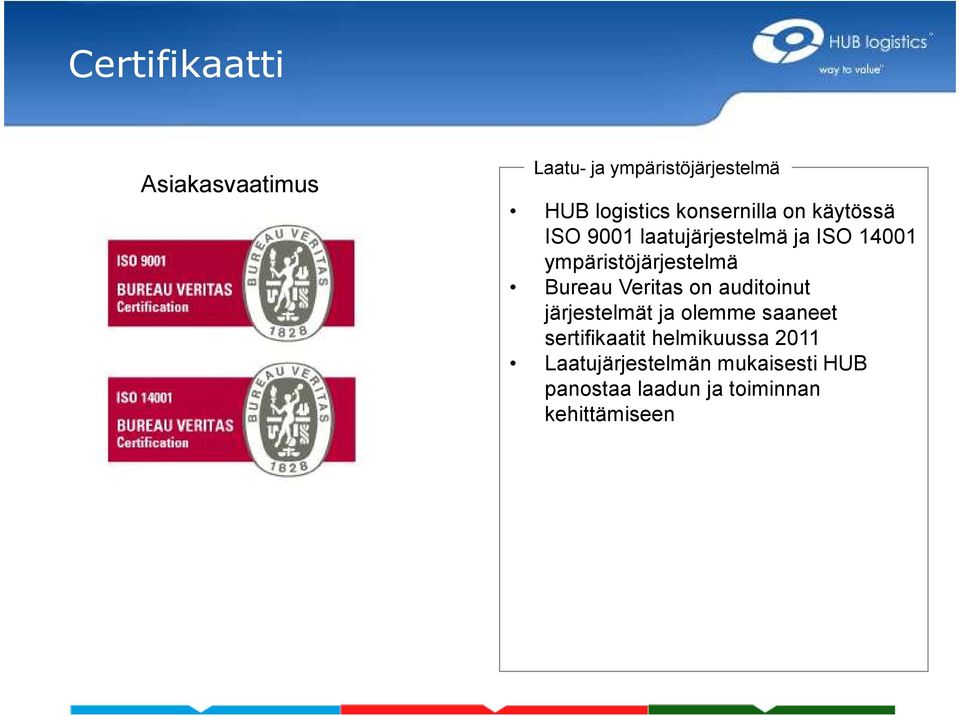 ympäristöjärjestelmä Bureau Veritas on auditoinut järjestelmät ja olemme saaneet