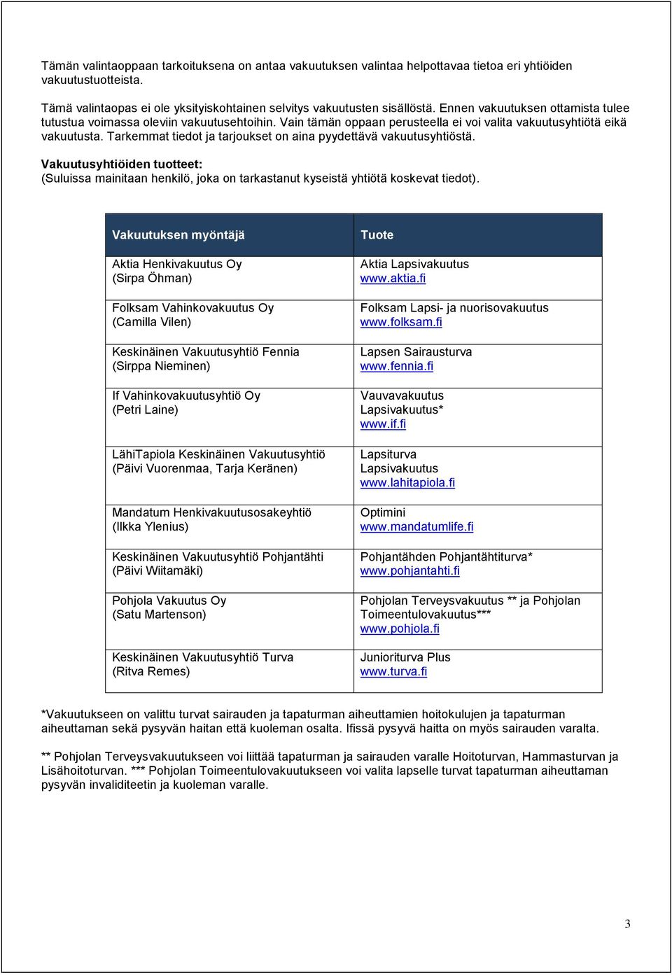 Tarkemmat tiedot ja tarjoukset on aina pyydettävä vakuutusyhtiöstä. Vakuutusyhtiöiden tuotteet: (Suluissa mainitaan henkilö, joka on tarkastanut kyseistä yhtiötä koskevat tiedot).