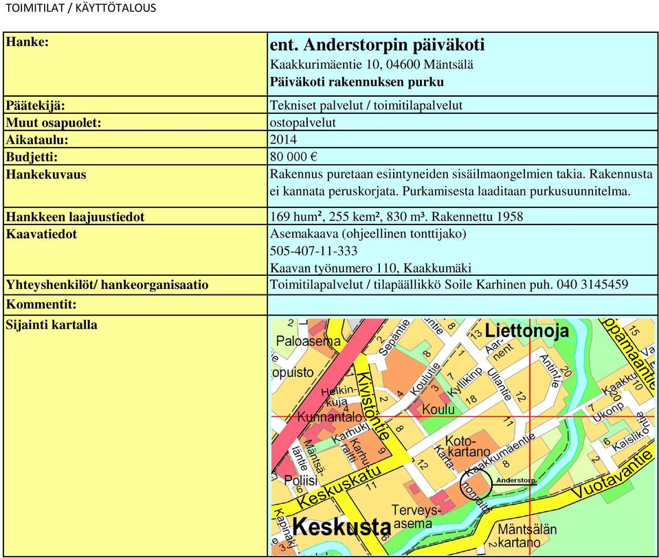 Rakennusta ei kannata peruskorjata. Purkamisesta laaditaan purkusuunnitelma.