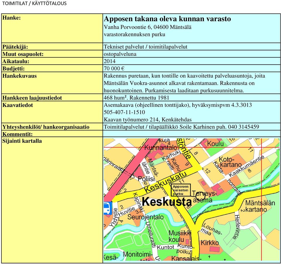 alkavat rakentamaan. Rakennusta on huonokuntoinen. Purkamisesta laaditaan purkusuunnitelma.