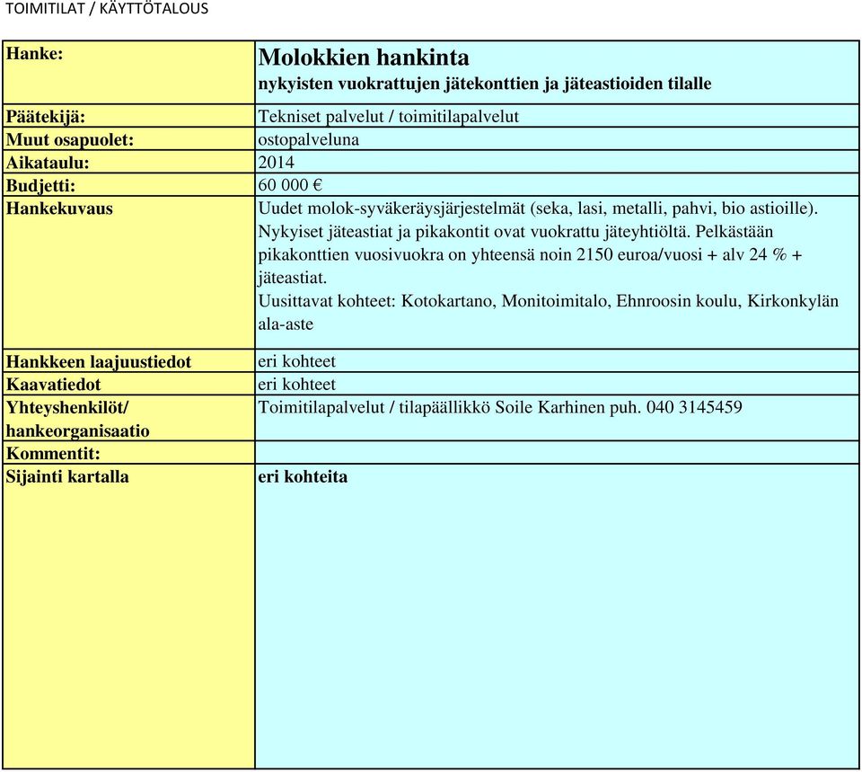 Pelkästään pikakonttien vuosivuokra on yhteensä noin 2150 euroa/vuosi + alv 24 % + jäteastiat.