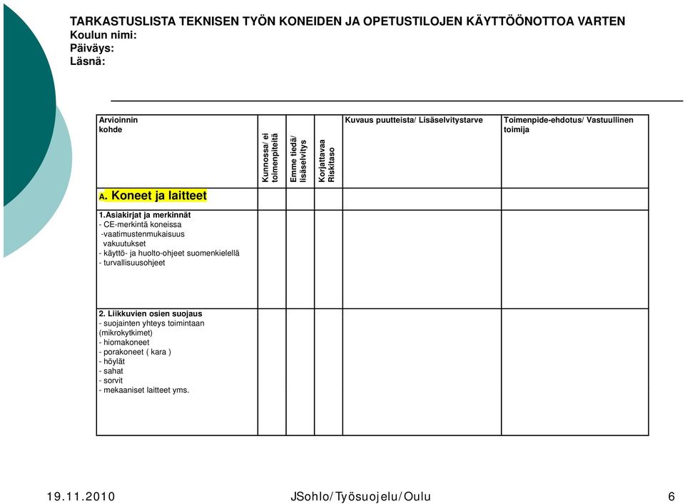 Asiakirjat ja merkinnät - CE-merkintä koneissa -vaatimustenmukaisuus vakuutukset - käyttö- ja huolto-ohjeet hj suomenkielellä llä - turvallisuusohjeet 2.