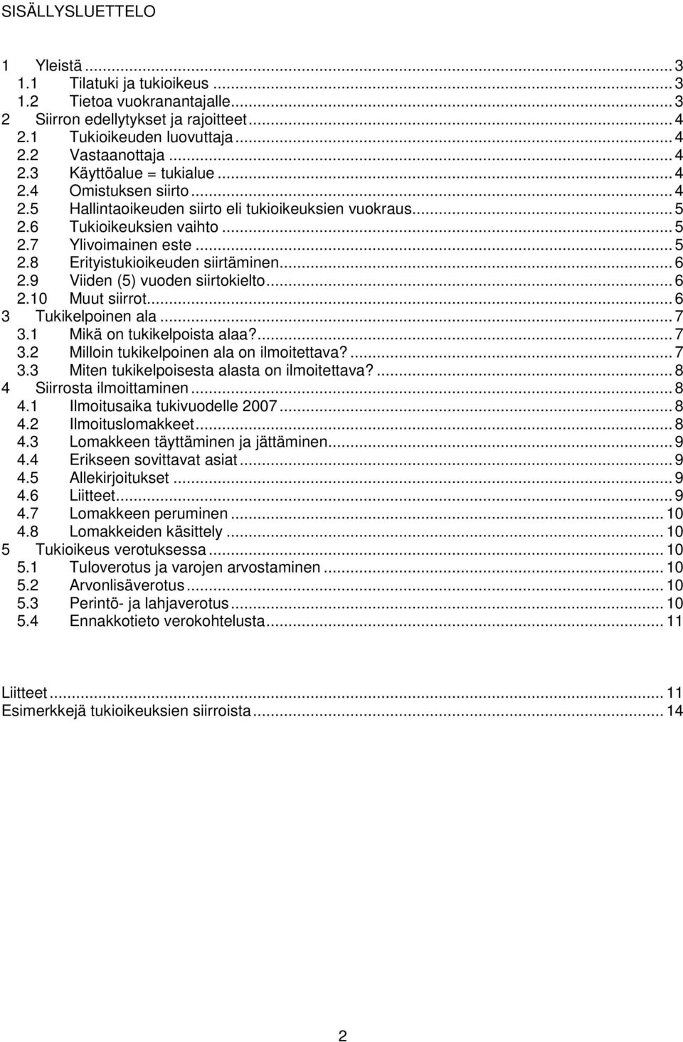 9 Viiden (5) vuoden siirtokielto... 6 2.10 Muut siirrot... 6 3 Tukikelpoinen ala... 7 3.1 Mikä on tukikelpoista alaa?... 7 3.2 Milloin tukikelpoinen ala on ilmoitettava?... 7 3.3 Miten tukikelpoisesta alasta on ilmoitettava?