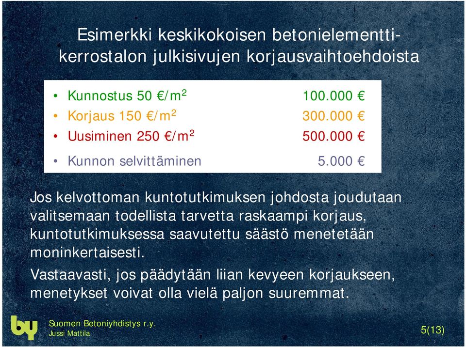 000 Jos kelvottoman kuntotutkimuksen johdosta joudutaan valitsemaan todellista tarvetta raskaampi korjaus,