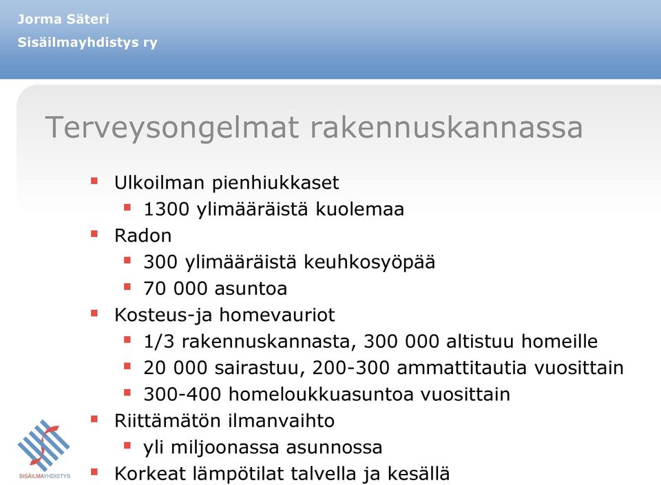 altistuu homeille 20 000 sairastuu, 200-300 ammattitautia vuosittain 300-400 homeloukkuasuntoa