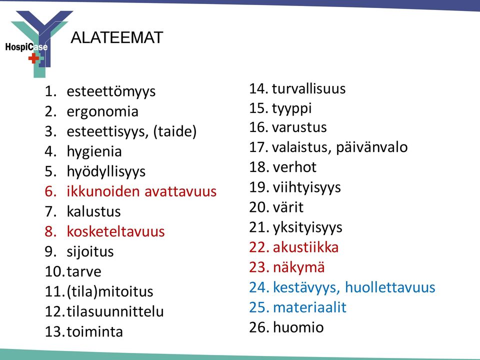 tilasuunnittelu 13.toiminta 14. turvallisuus 15. tyyppi 16. varustus 17. valaistus, päivänvalo 18.