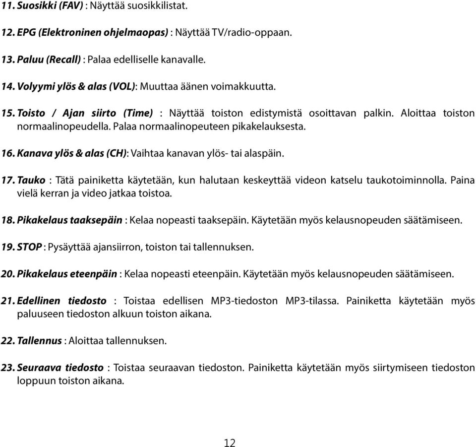 Palaa normaalinopeuteen pikakelauksesta. 16. Kanava ylös & alas (CH): Vaihtaa kanavan ylös- tai alaspäin. 17.