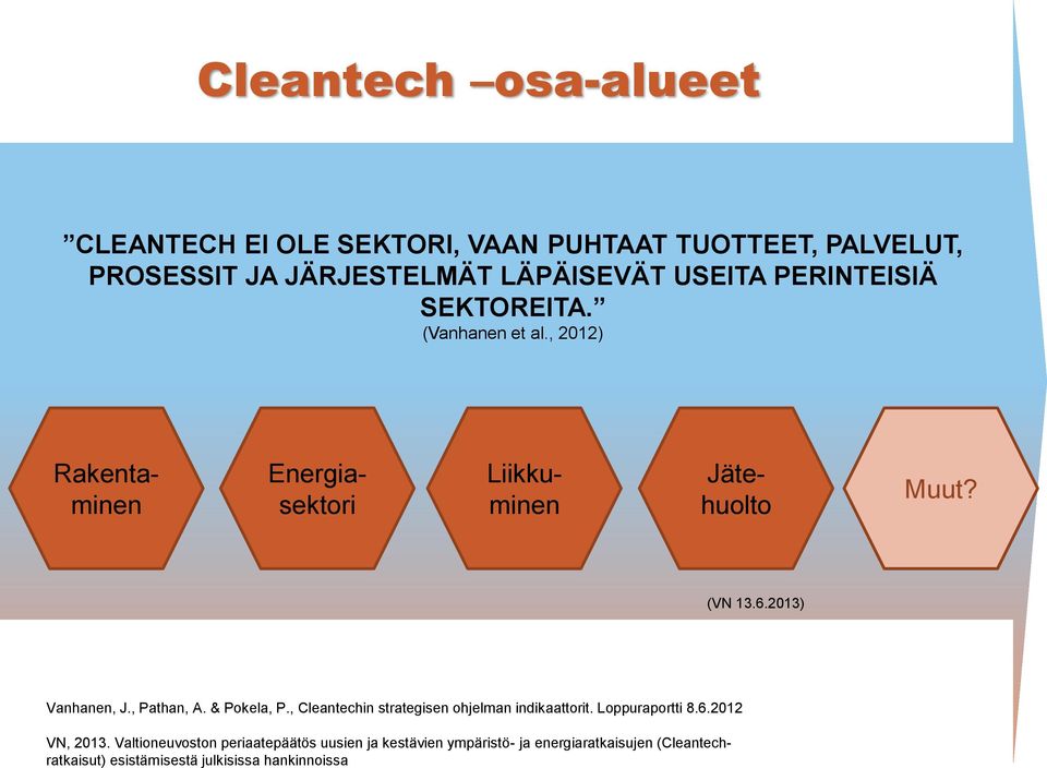 2013) Vanhanen, J., Pathan, A. & Pokela, P., Cleantechin strategisen ohjelman indikaattorit. Loppuraportti 8.6.2012 VN, 2013.