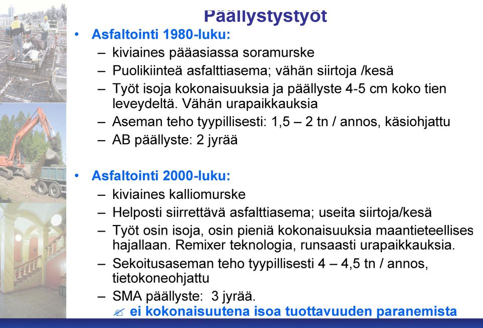 Vähän urapaikkauksia Aseman teho tyypillisesti: 1,5 2 tn / annos, käsiohjattu AB päällyste: 2 jyrää Asfaltointi 2000-luku: kiviaines kalliomurske Helposti