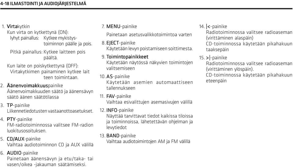 TP-painike Liikennetiedotusten vastaanottoasetukset. 4. PTY-painike FM-radiotoiminnossa valitsee FM-radion luokitusosoituksen. 5. CD/AUX UX-painike Vaihtaa audiotoiminnon CD ja AUX välillä 6.