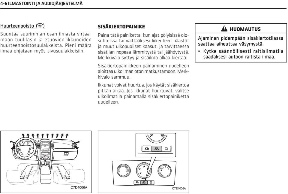 SISÄKIER ÄKIERTOP OPAINIKE Paina tätä painiketta, kun ajat pölyisissä olosuhteissa tai välttääksesi liikenteen päästöt ja muut ulkopuoliset kaasut, ja tarvittaessa sisätilan nopeaa lämmitystä tai