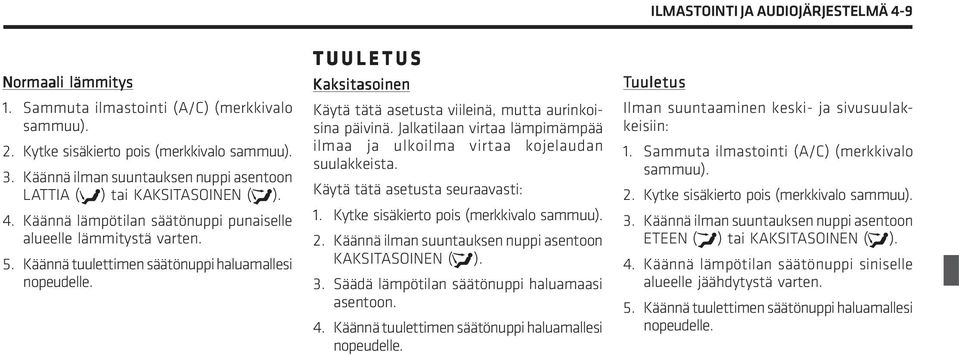 Käännä tuulettimen säätönuppi haluamallesi nopeudelle. TUULETUS Kaksitasoinen Käytä tätä asetusta viileinä, mutta aurinkoisina päivinä.