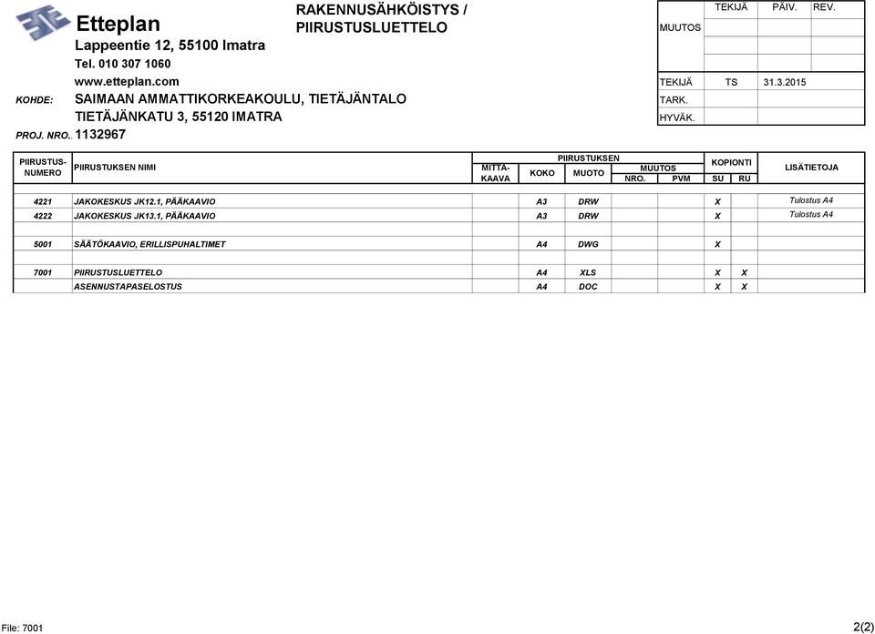 PIIRUSTUS- NUMERO PIIRUSTUKSEN NIMI MITTA- KAAVA KOKO PIIRUSTUKSEN MUOTO KOPIONTI NRO. PVM SU RU LISÄTIETOJA 4221 JAKOKESKUS JK12.