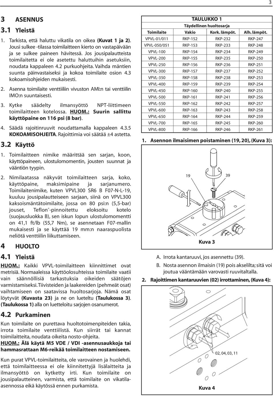 3 kokoamisohjeiden mukaisesti. 2. Asenna toimilaite venttiiliin vivuston AMI:n tai venttiilin IMO:n suuntaisesti. 3. Kytke säädelty ilmansyöttö NPT-liittimeen toimilaitteen kotelossa. HUOM.