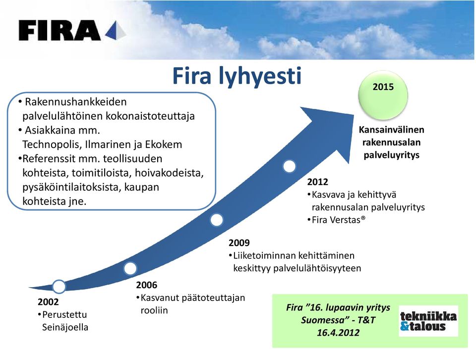 Firalyhyesti 2015 Kansainvälinen rakennusalan palveluyritys 2012 Kasvava ja kehittyvä rakennusalan palveluyritys Fira Verstas