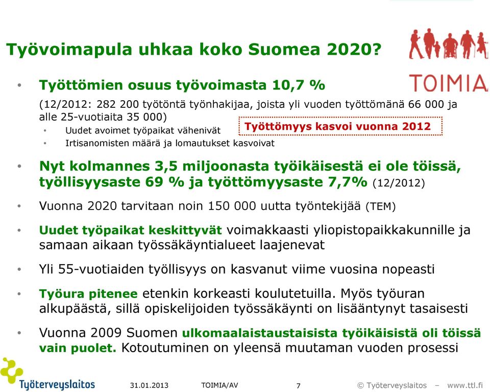 2012 Irtisanomisten määrä ja lomautukset kasvoivat Nyt kolmannes 3,5 miljoonasta työikäisestä ei ole töissä, työllisyysaste 69 % ja työttömyysaste 7,7% (12/2012) Vuonna 2020 tarvitaan noin 150 000