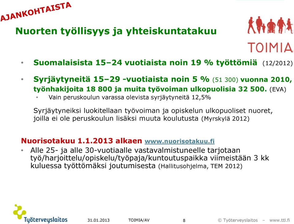 (EVA) Vain peruskoulun varassa olevista syrjäytyneitä 12,5% Syrjäytyneiksi luokitellaan työvoiman ja opiskelun ulkopuoliset nuoret, joilla ei ole peruskoulun lisäksi