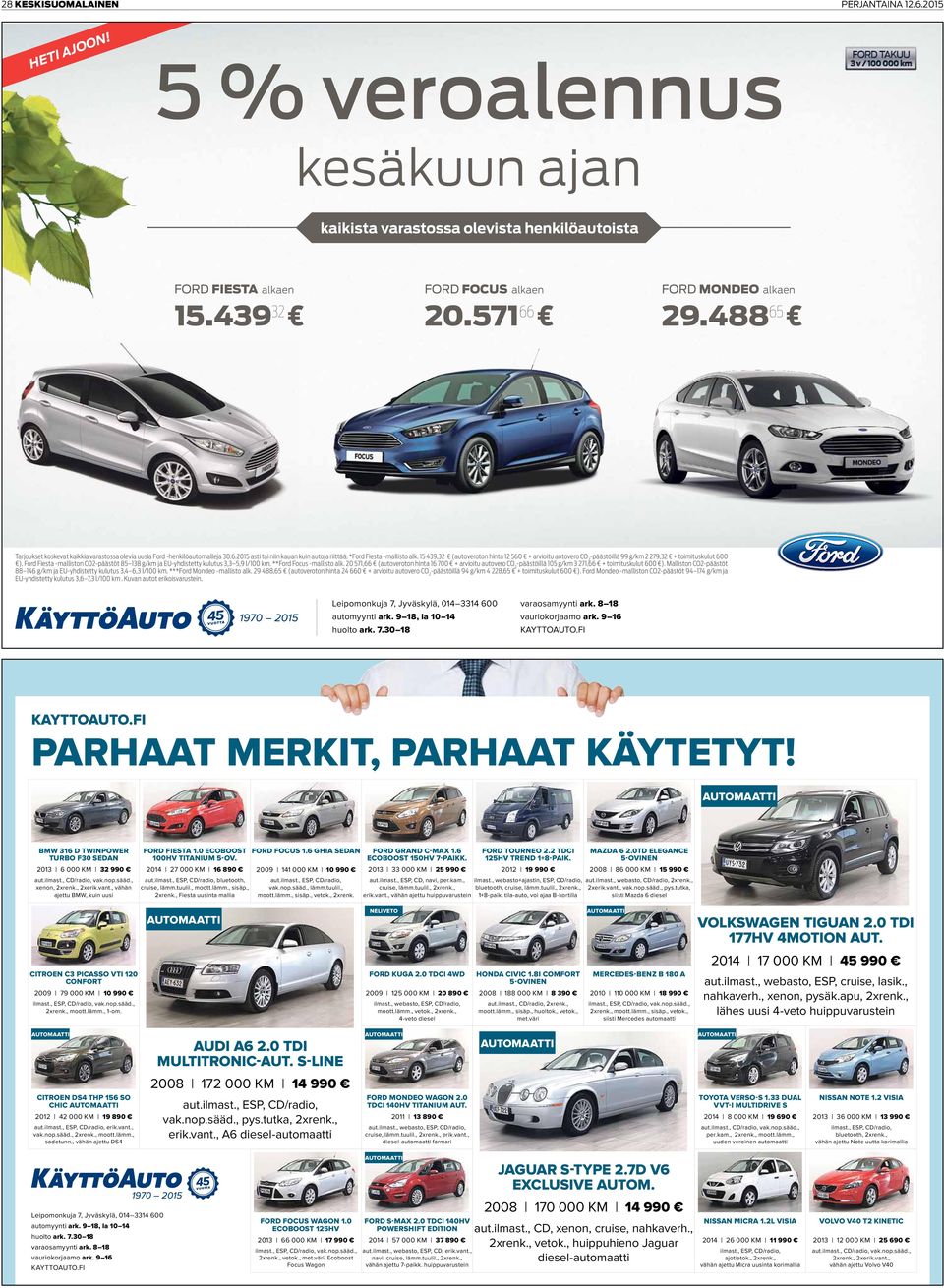 15 439,32 (utoveroton hint 12 560 + rvioitu utovero CO 2 -päästöillä 99 g/km 2 279,32 + toimituskulut 600 ). Ford Fiest -mlliston CO2-päästöt 85 138 g/km j EU-yhdistetty kulutus 3,3 5,9 l/100 km.