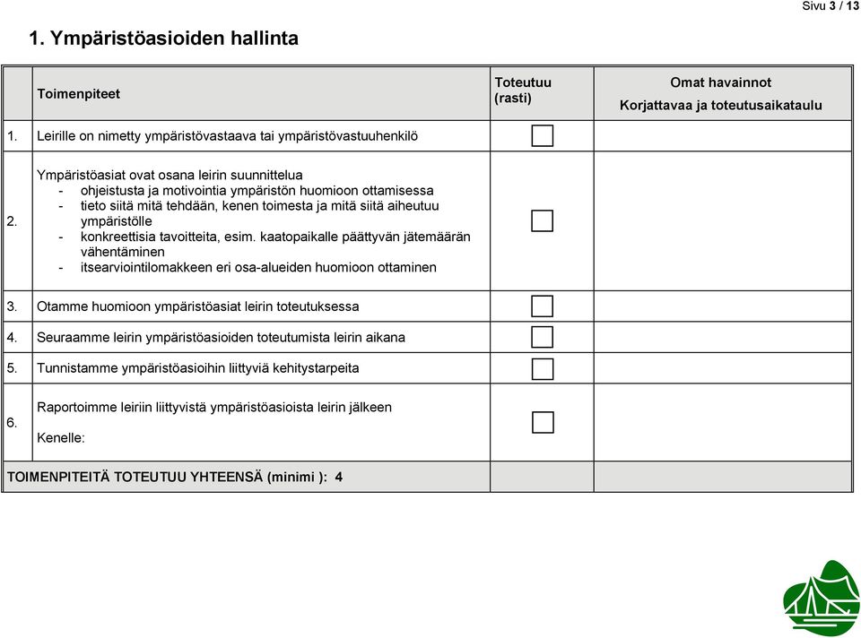 - konkreettisia tavoitteita, esim. kaatopaikalle päättyvän jätemäärän vähentäminen - itsearviointilomakkeen eri osa-alueiden huomioon ottaminen 3.