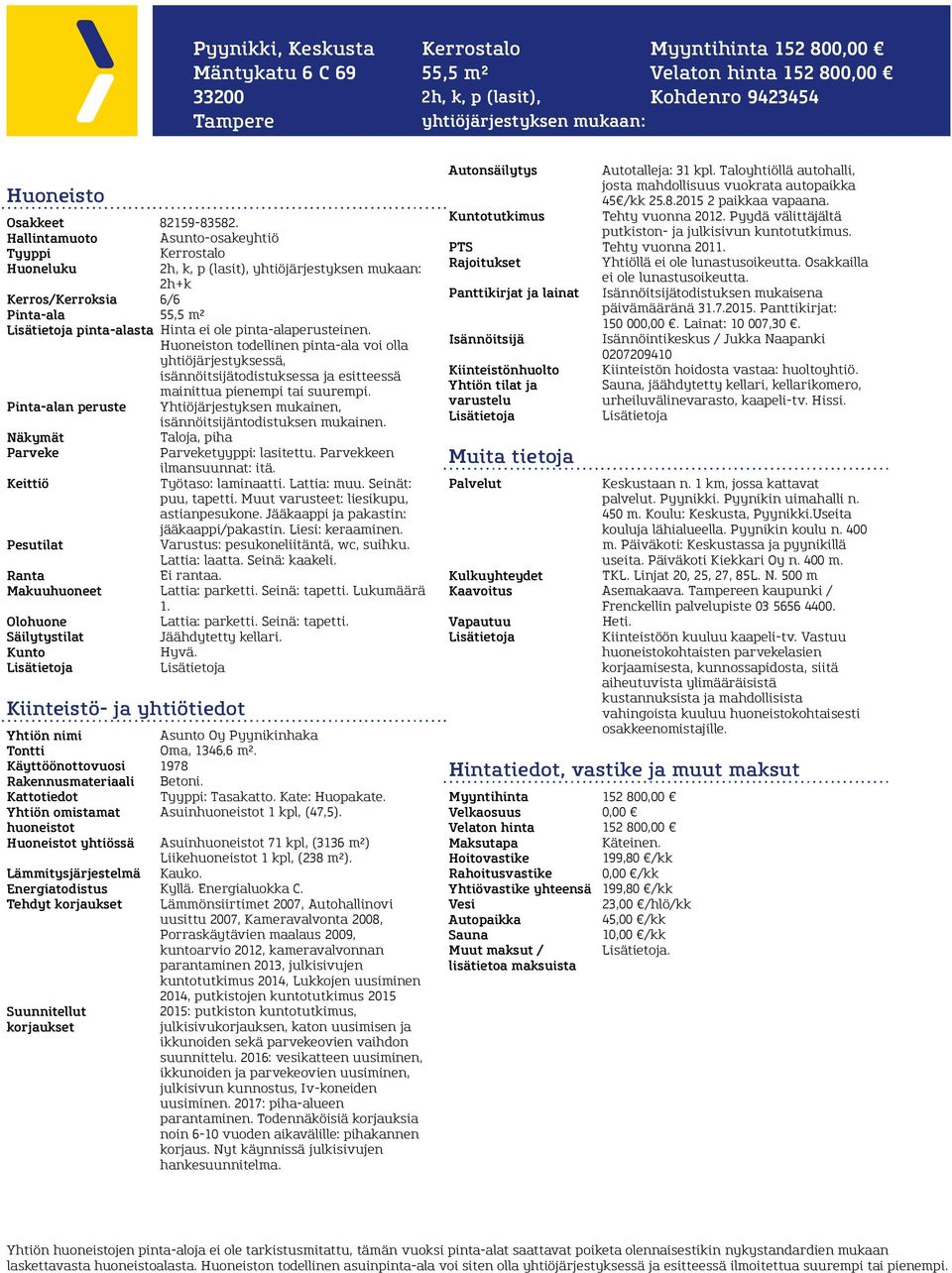 Suunnitellut korjaukset Pyynikki, Keskusta Mäntykatu 6 C 69 33200 Tampere 82159-83582.
