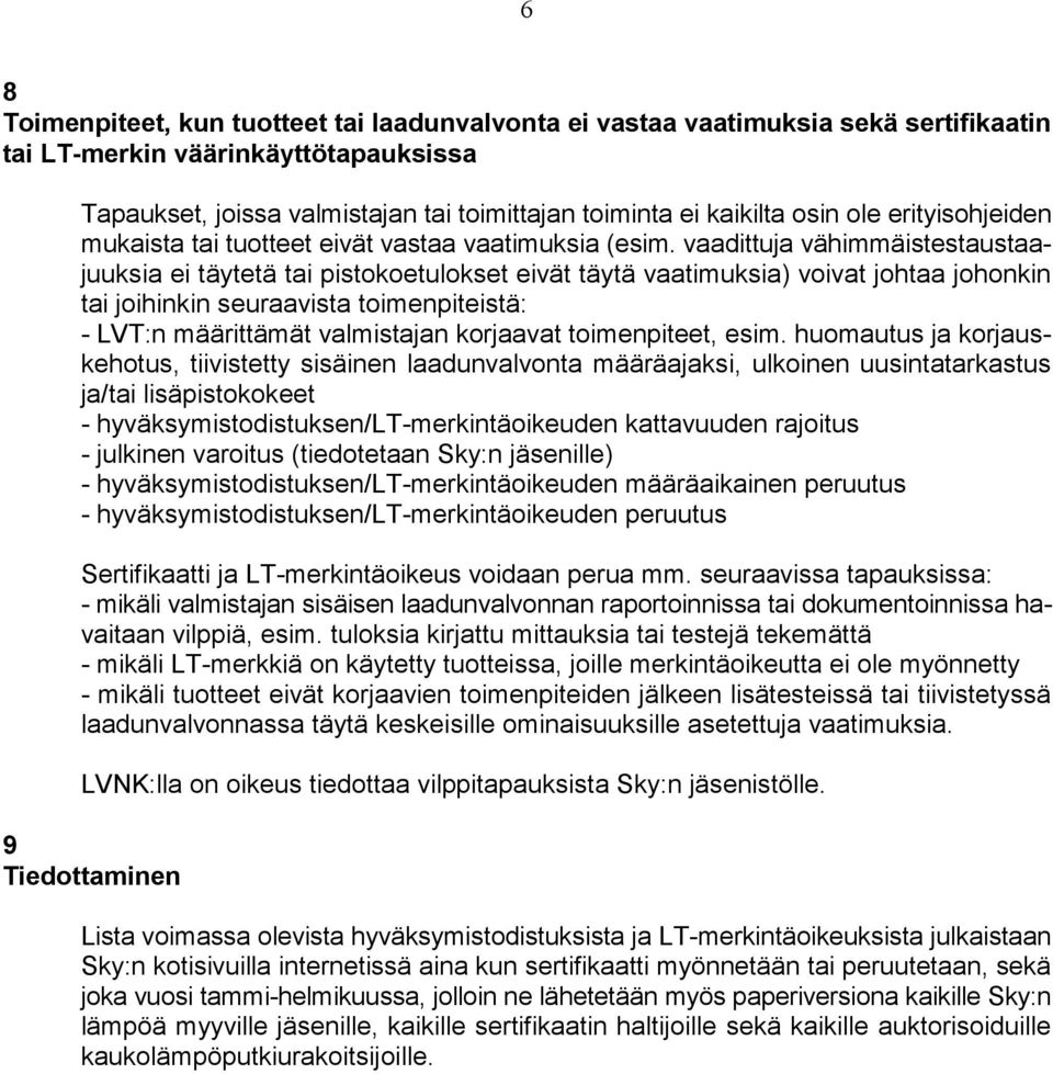 vaadittuja vähimmäistestaustaajuuksia ei täytetä tai pistokoetulokset eivät täytä vaatimuksia) voivat johtaa johonkin tai joihinkin seuraavista toimenpiteistä: - LVT:n määrittämät valmistajan