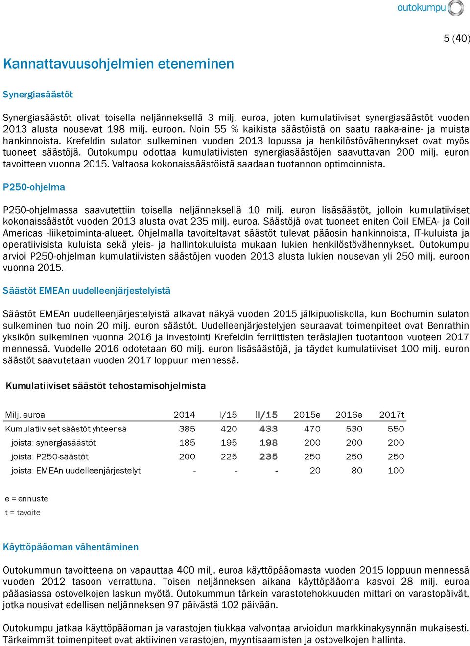 Outokumpu odottaa kumulatiivisten synergiasäästöjen saavuttavan 200 milj. euron tavoitteen vuonna 2015. Valtaosa kokonaissäästöistä saadaan tuotannon optimoinnista.