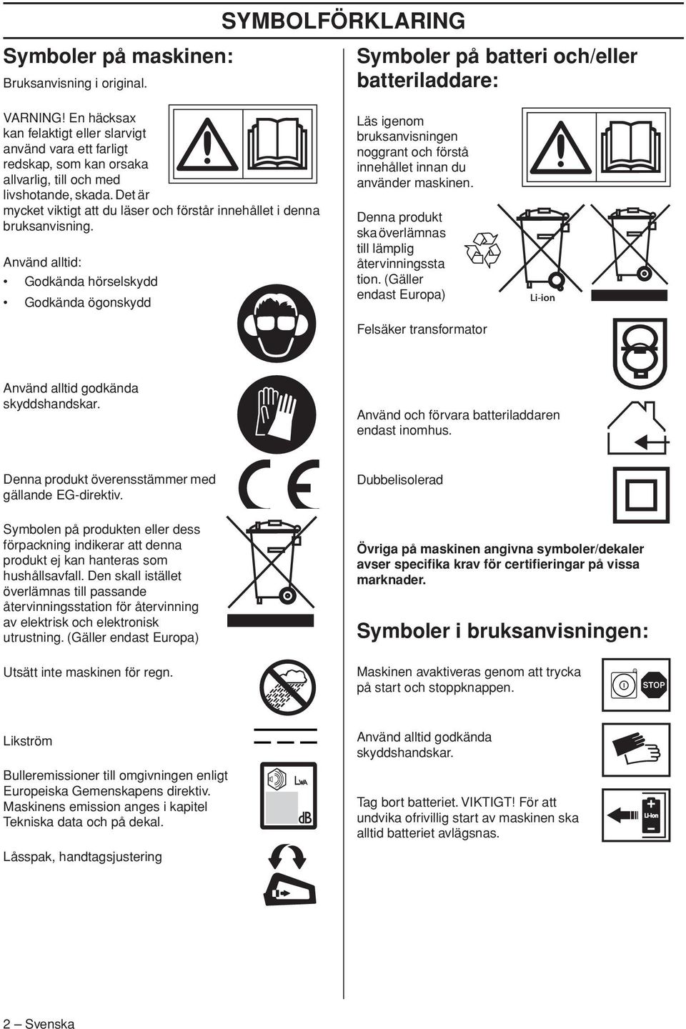 Det är mycket viktigt att du läser och förstår innehållet i denna bruksanvisning.