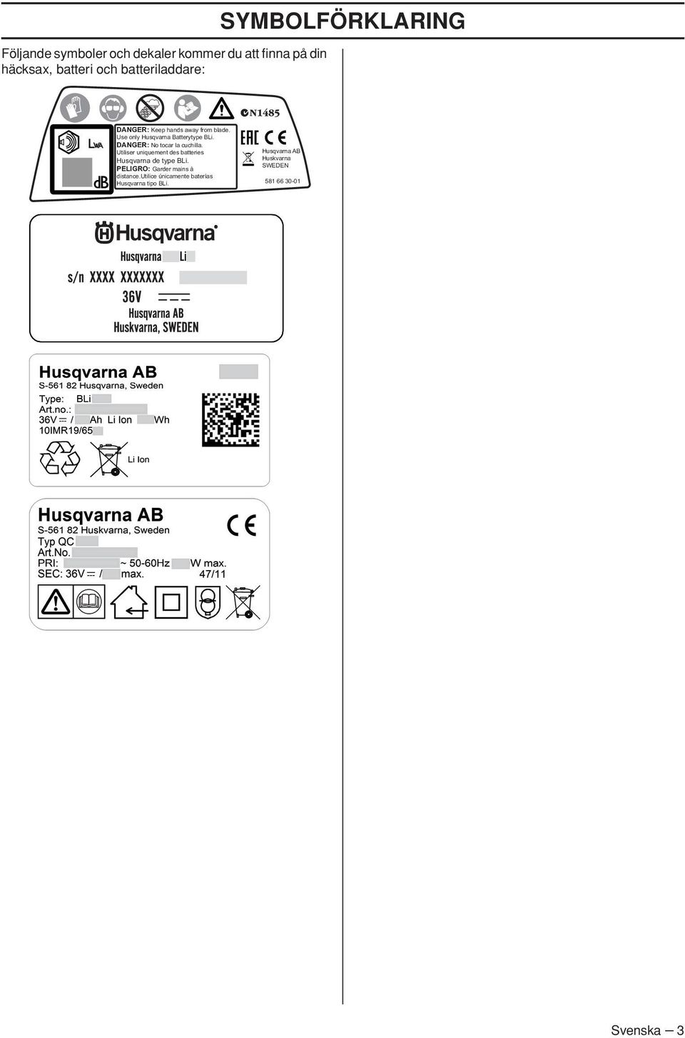 DANGER: No tocar la cuchilla. Utiliser uniquement des batteries Husqvarna de type BLi.