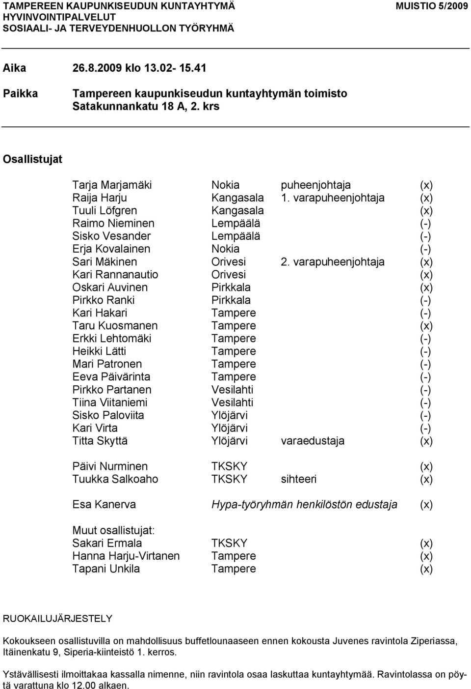 varapuheenjohtaja (x) Tuuli Löfgren Kangasala (x) Raimo Nieminen Lempäälä ( ) Sisko Vesander Lempäälä ( ) Erja Kovalainen Nokia ( ) Sari Mäkinen Orivesi 2.