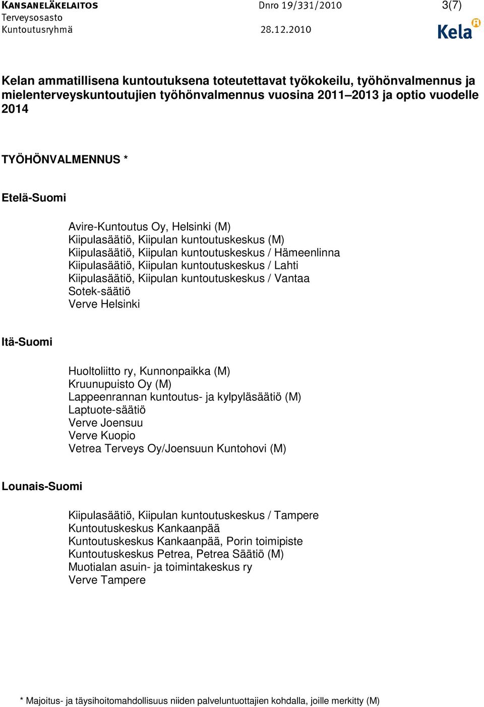 Kruunupuisto Oy (M) Lappeenrannan kuntoutus- ja kylpyläsäätiö (M) Laptuote-säätiö Verve Joensuu Verve Kuopio Vetrea Terveys Oy/Joensuun Kuntohovi (M) Lounais-Suomi Kiipulasäätiö, Kiipulan