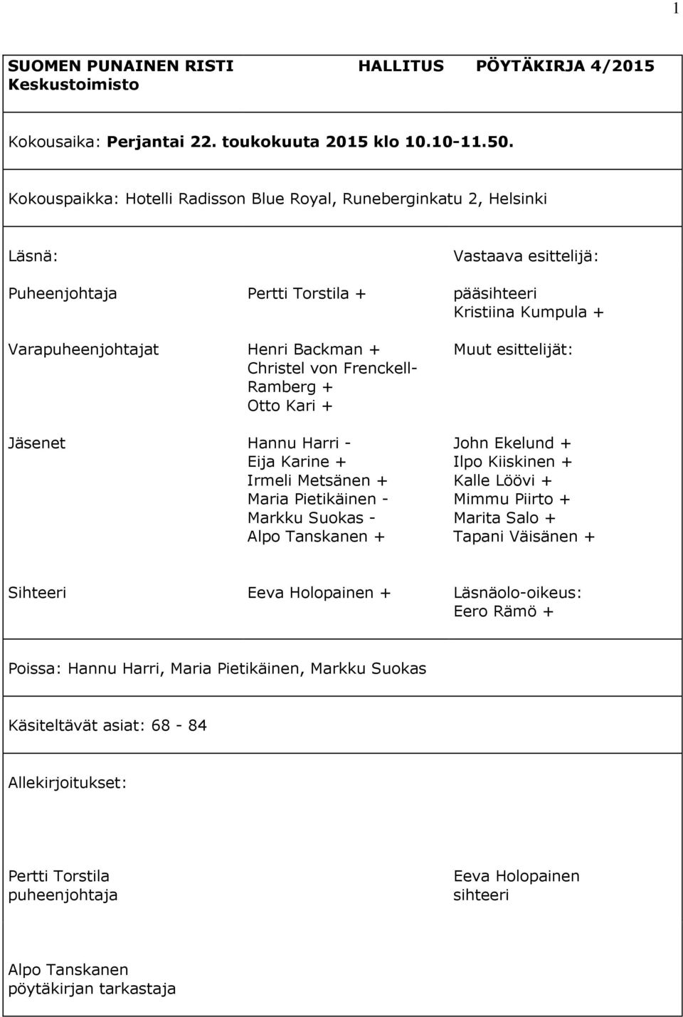 Christel von Frenckell- Ramberg + Otto Kari + Muut esittelijät: Jäsenet Hannu Harri - Eija Karine + Irmeli Metsänen + Maria Pietikäinen - Markku Suokas - Alpo Tanskanen + John Ekelund + Ilpo