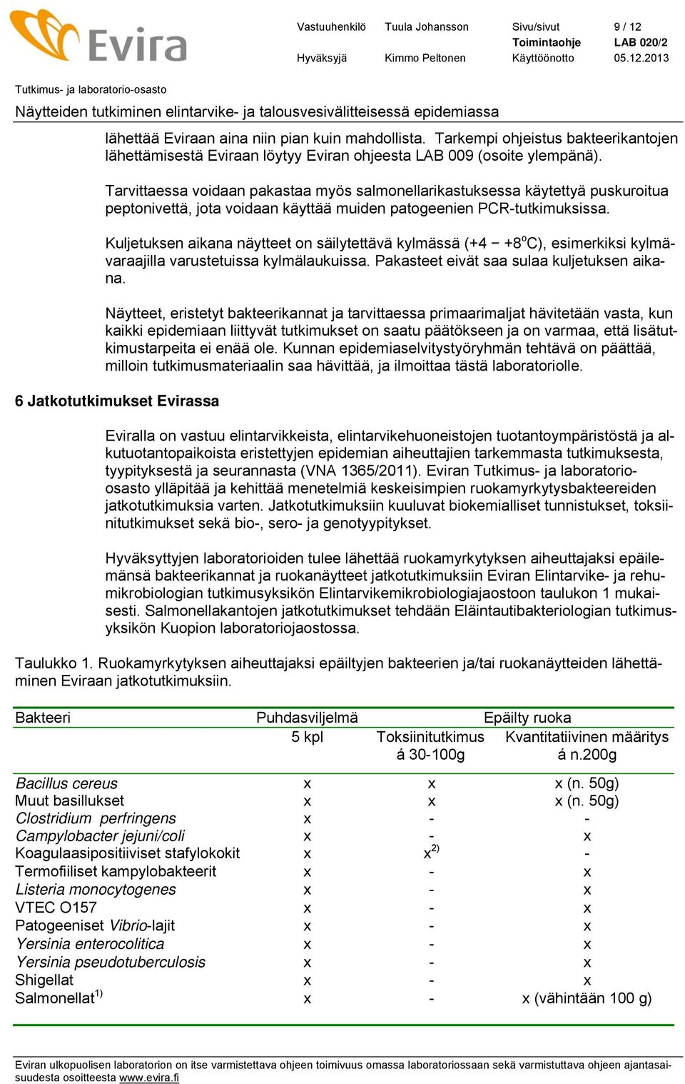 Tarvittaessa voidaan pakastaa myös salmonellarikastuksessa käytettyä puskuroitua peptonivettä, jota voidaan käyttää muiden patogeenien PCR-tutkimuksissa.