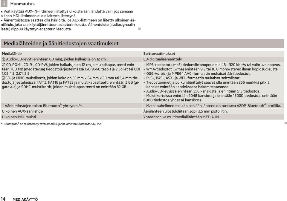 Äänentoisto (audiosignaalin laatu) riippuu käytetyn adapterin laadusta. Medialähteiden ja äänitiedostojen vaatimukset Medialähde Audio-CD-levyt (enintään 80 min), joiden halkaisija on 12 cm.