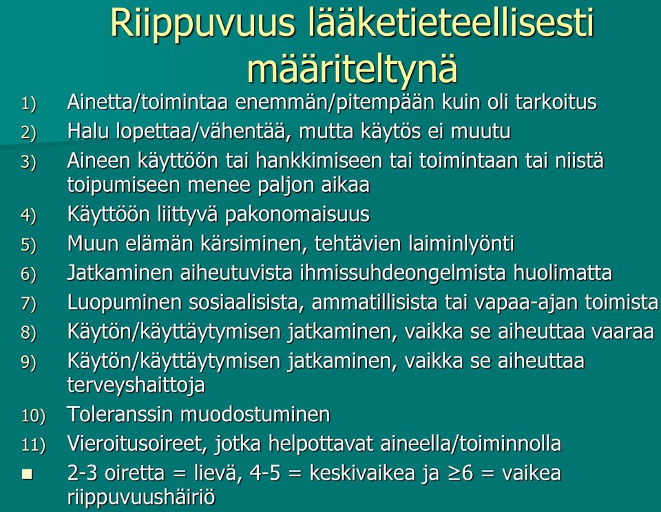 ihmissuhdeongelmista huolimatta 7) Luopuminen sosiaalisista, ammatillisista tai vapaa-ajan toimista 8) Käytön/käyttäytymisen jatkaminen, vaikka se aiheuttaa vaaraa 9)