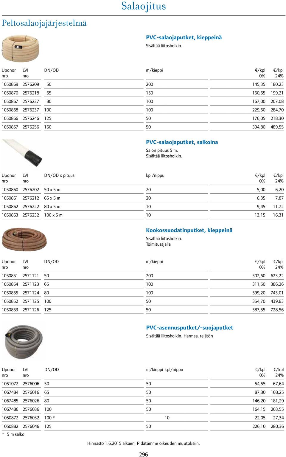 Sisältää liitosholkin. x pituus kpl/nippu 80 272 x m,00, 81 27212 x m,3 7,87 82 27222 x m 9,4 11,72 83 27232 0 x m 13,1 1,31 Kookossuodatinputket, kieppeinä Sisältää liitosholkin.