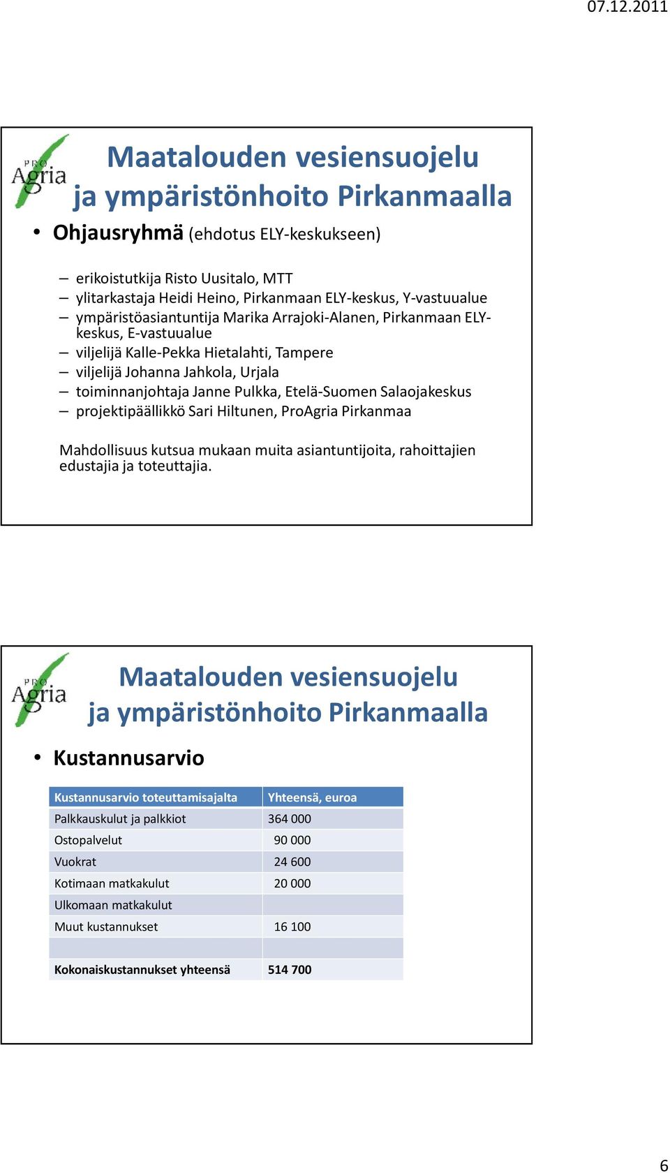 projektipäällikkö Sari Hiltunen, ProAgria Pirkanmaa Mahdollisuus kutsua mukaan muita asiantuntijoita, rahoittajien edustajia ja toteuttajia.