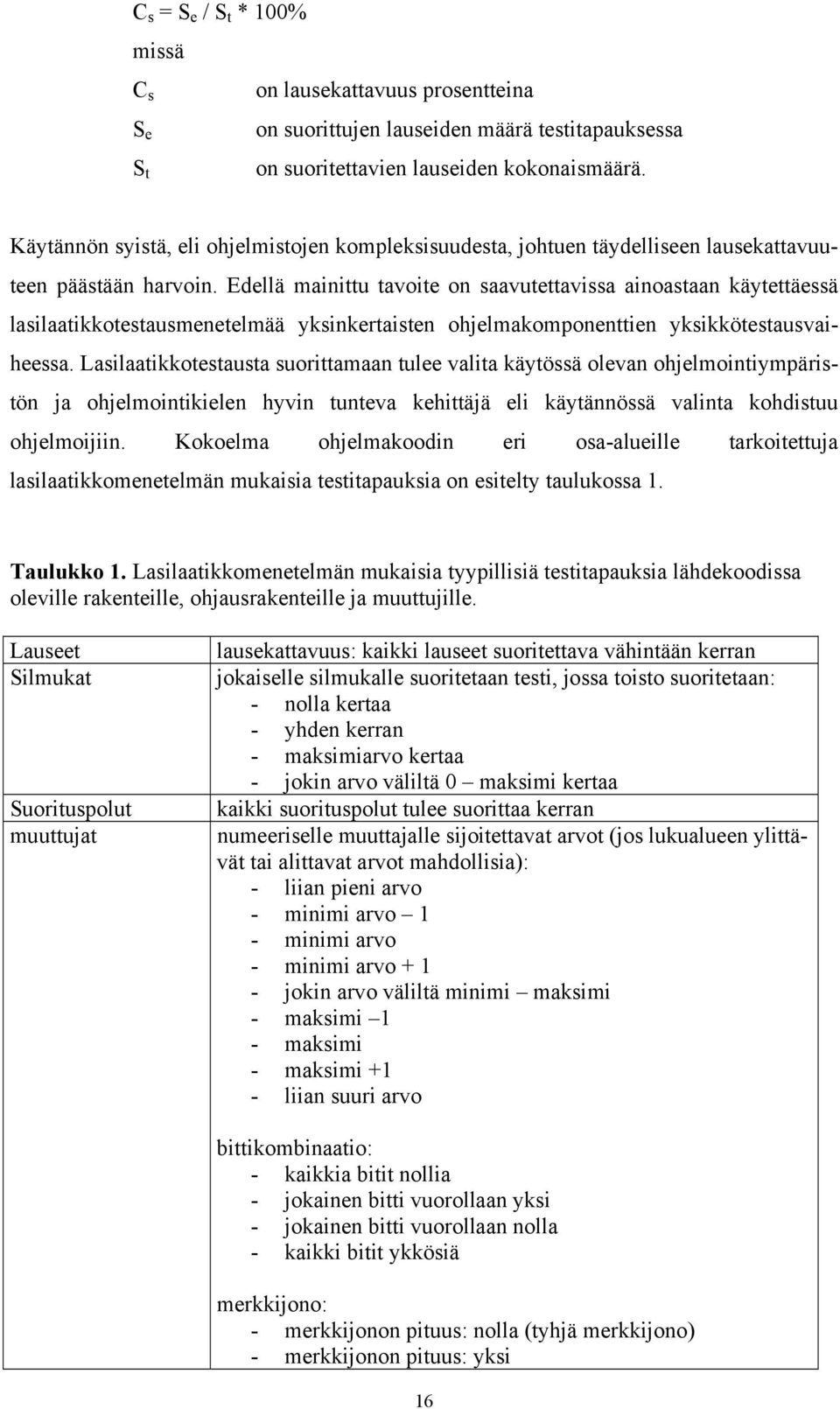 Edellä mainittu tavoite on saavutettavissa ainoastaan käytettäessä lasilaatikkotestausmenetelmää yksinkertaisten ohjelmakomponenttien yksikkötestausvaiheessa.