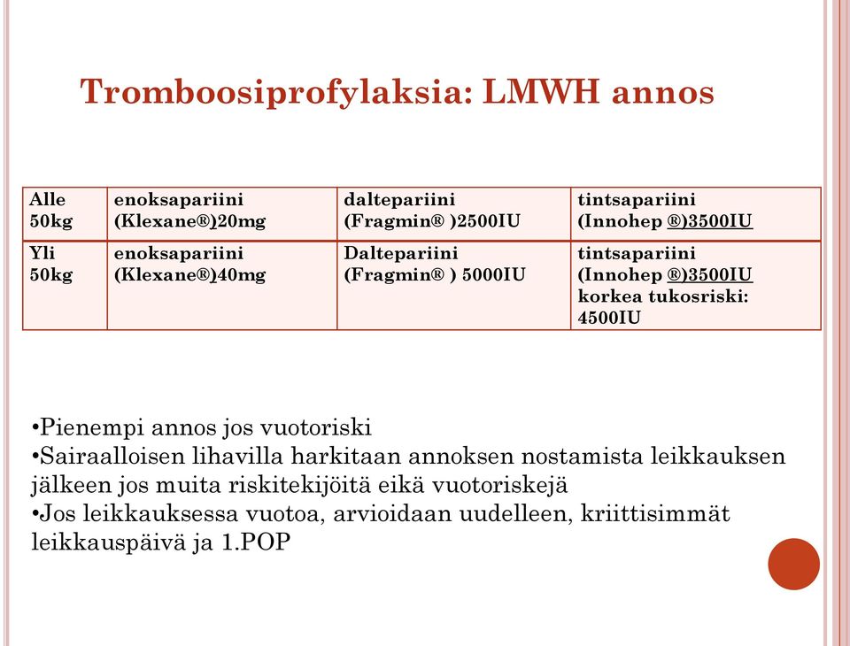 korkea tukosriski: 4500IU Pienempi annos jos vuotoriski Sairaalloisen lihavilla harkitaan annoksen nostamista leikkauksen