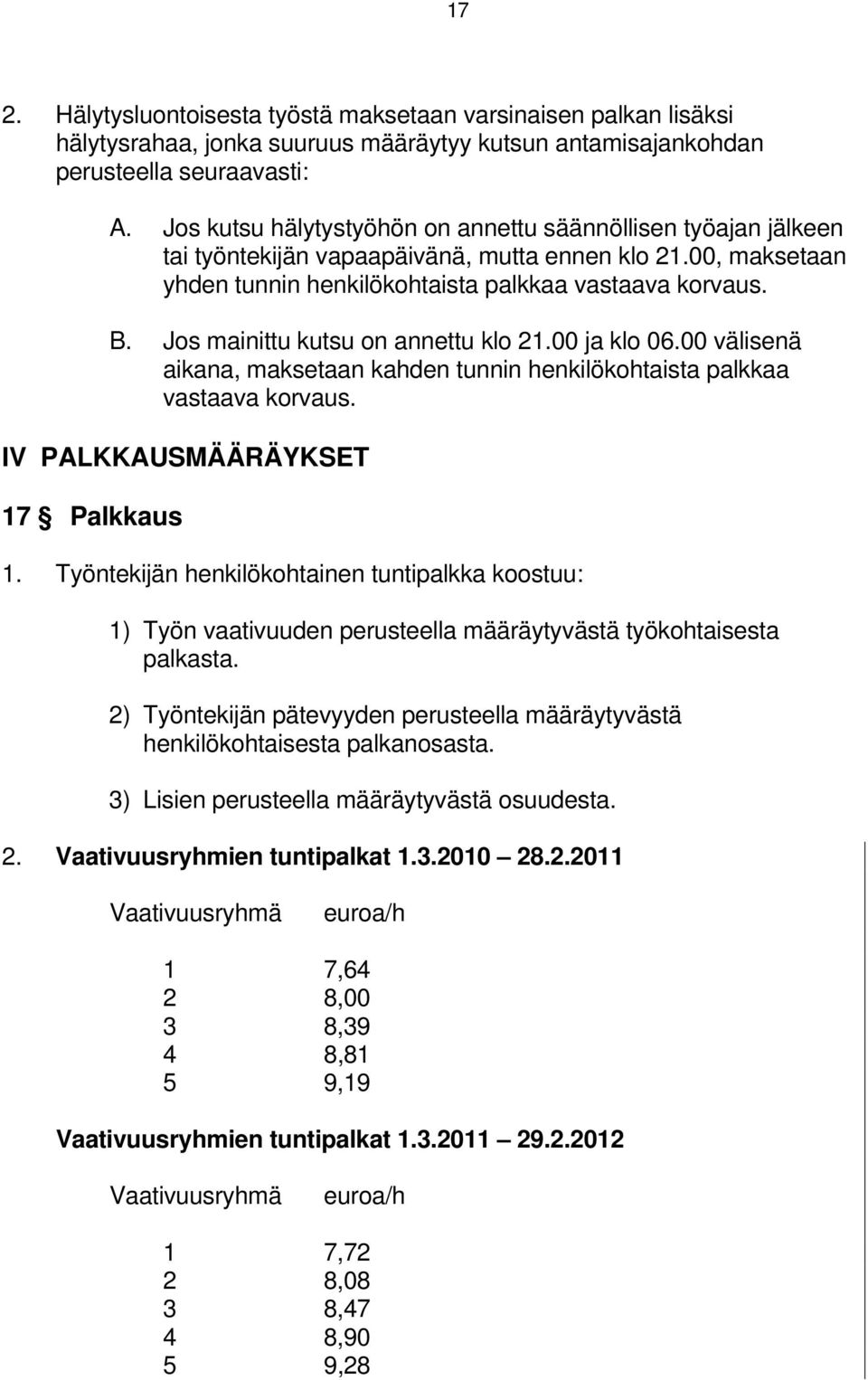 Jos mainittu kutsu on annettu klo 21.00 ja klo 06.00 välisenä aikana, maksetaan kahden tunnin henkilökohtaista palkkaa vastaava korvaus. IV PALKKAUSMÄÄRÄYKSET 17 Palkkaus 1.