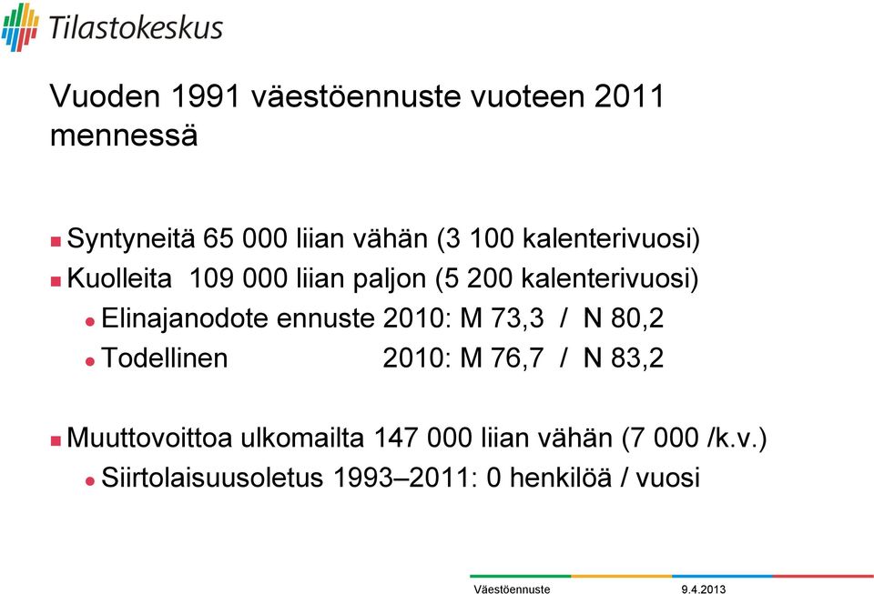 ennuste 2010: M 73,3 / N 80,2 Todellinen 2010: M 76,7 / N 83,2 Muuttovoittoa