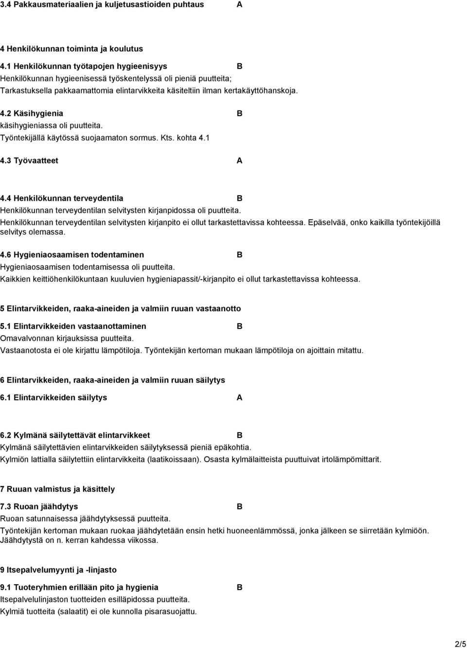 2 Käsihygienia B käsihygieniassa oli puutteita. Työntekijällä käytössä suojaamaton sormus. Kts. kohta 4.1 4.3 Työvaatteet A 4.