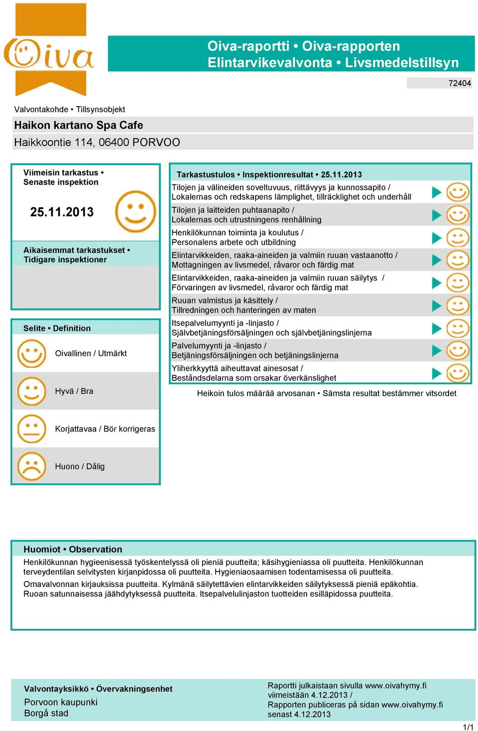 Tilojen ja välineiden soveltuvuus, riittävyys ja kunnossapito / Lokalernas och redskapens lämplighet, tillräcklighet och underhåll Tilojen ja laitteiden puhtaanapito / Lokalernas och utrustningens