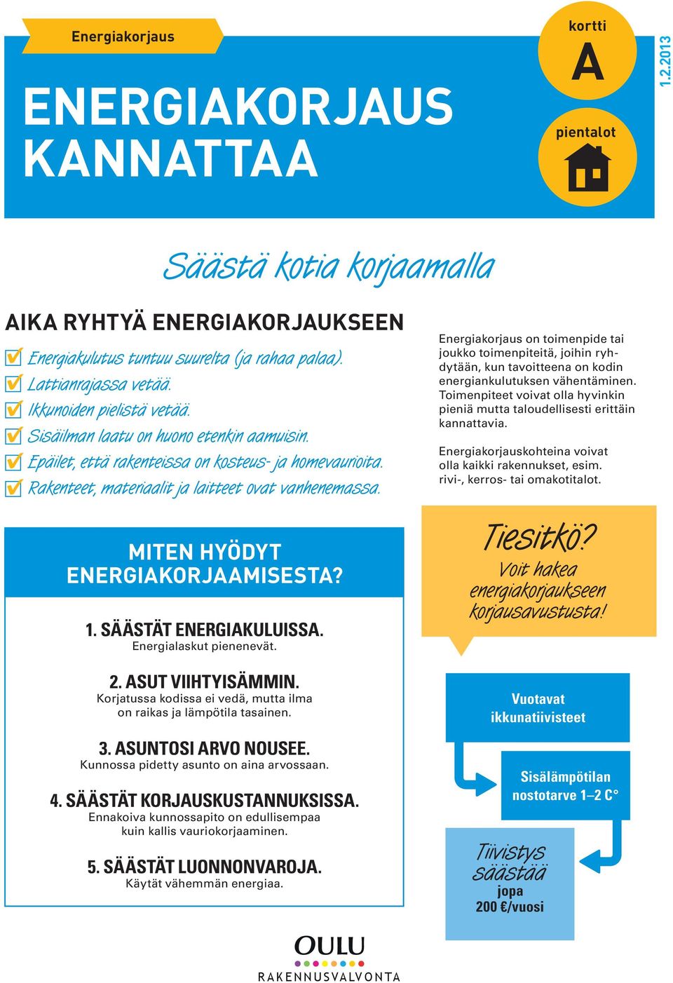 SÄÄSTÄT ENERGIAKULUISSA. Energialaskut pienenevät. 2. ASUT VIIHTYISÄMMIN. Korjatussa kodissa ei vedä, mutta ilma on raikas ja lämpötila tasainen. 3. ASUNTOSI ARVO NOUSEE.