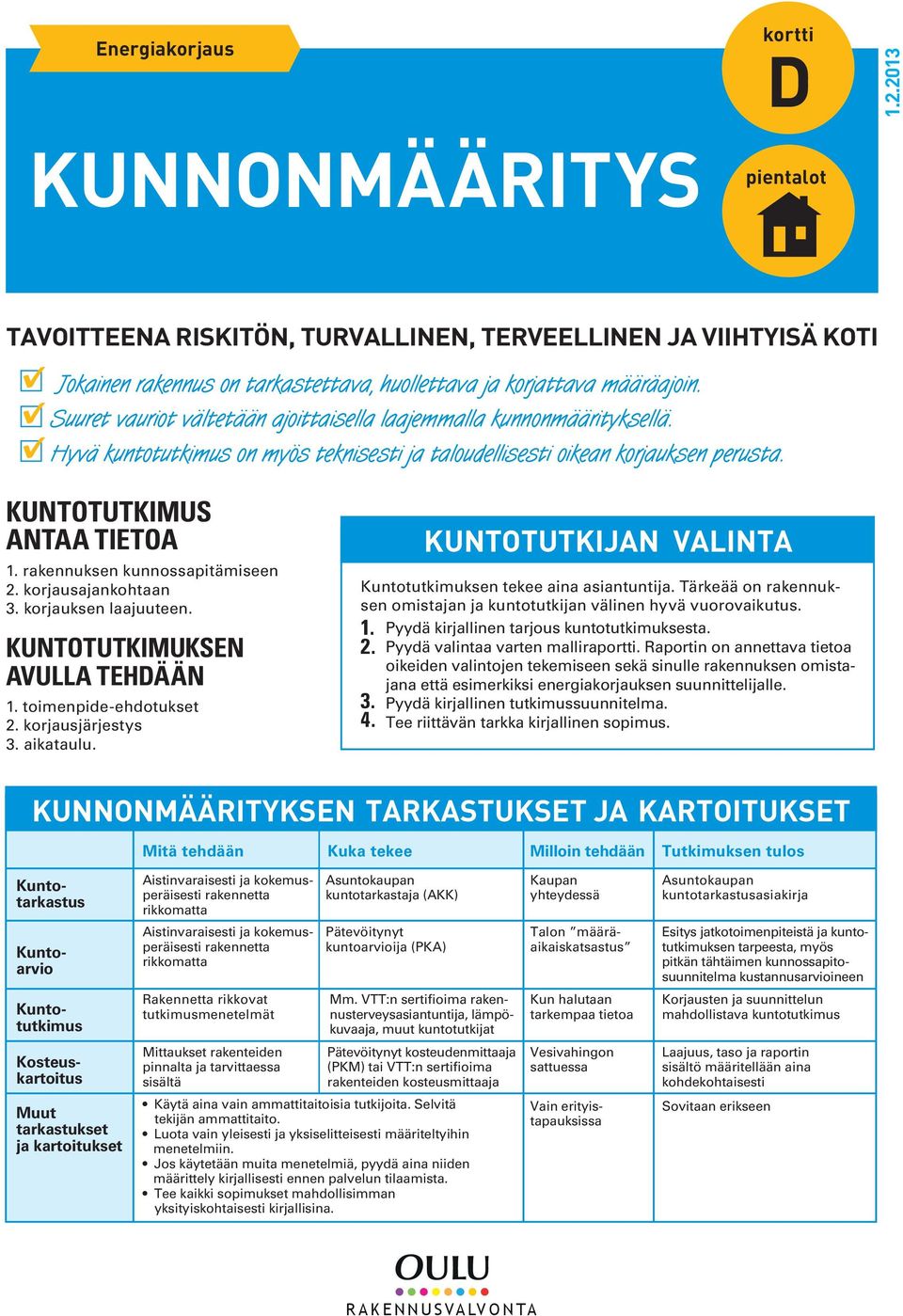 rakennuksen kunnossapitämiseen 2. korjausajankohtaan 3. korjauksen laajuuteen. KUNTOTUTKIMUKSEN AVULLA TEHDÄÄN 1. toimenpide-ehdotukset 2. korjausjärjestys 3. aikataulu. 1. 2. 3. 4.