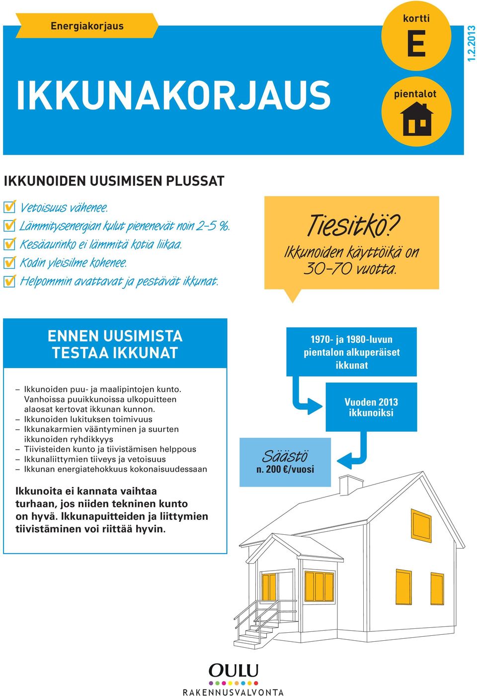 ENNEN UUSIMISTA TESTAA IKKUNAT 1970- ja 1980-luvun pientalon alkuperäiset ikkunat Ikkunoiden puu- ja maalipintojen kunto. Vanhoissa puuikkunoissa ulkopuitteen alaosat kertovat ikkunan kunnon.