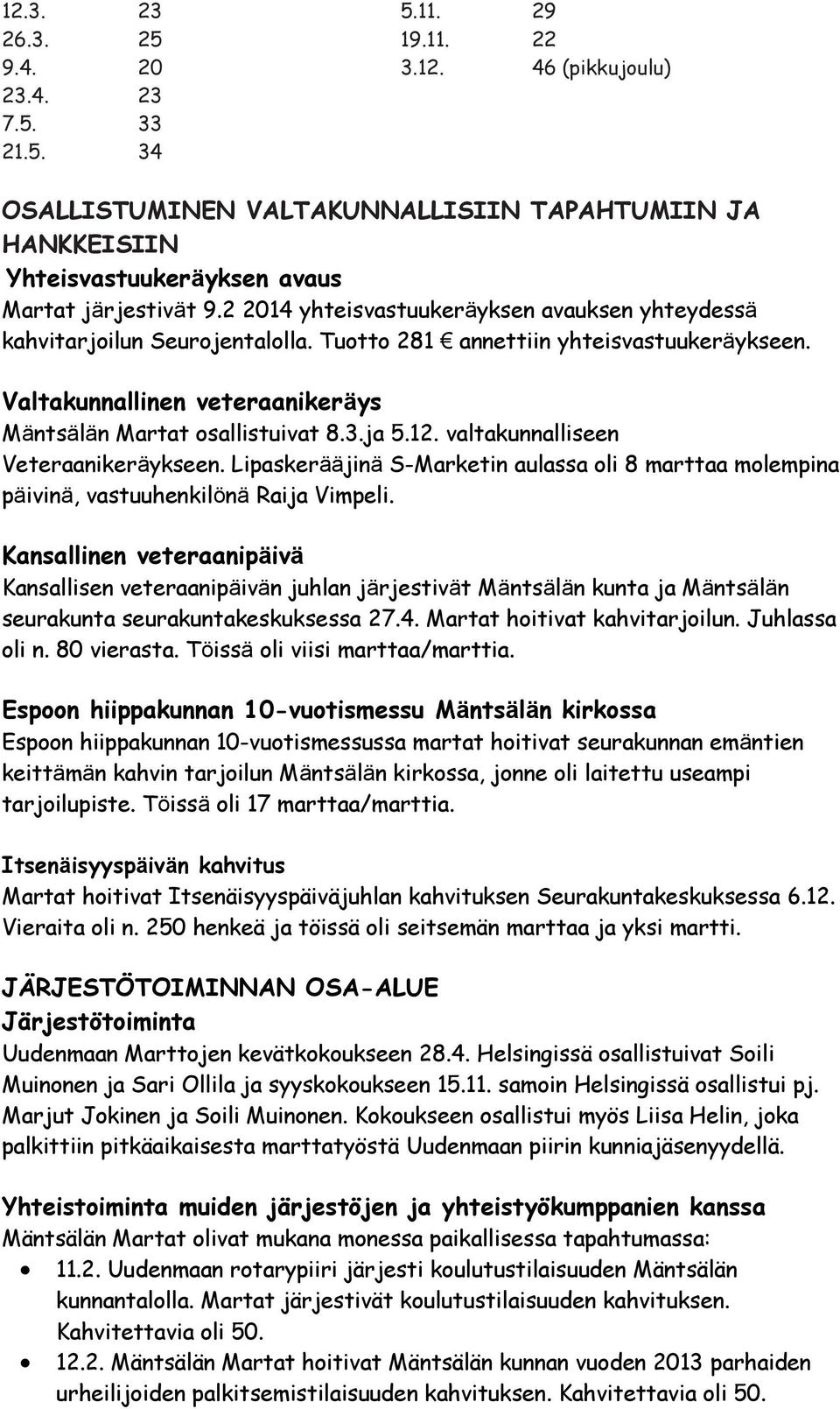 12. valtakunnalliseen Veteraanikeräykseen. Lipaskerääjinä S-Marketin aulassa oli 8 marttaa molempina päivinä, vastuuhenkilönä Raija Vimpeli.