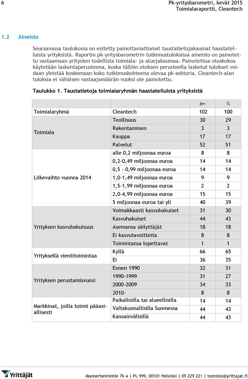 Painotettua otoskokoa käytetään laskentaperusteena, koska tällöin otoksen perusteella lasketut tulokset voidaan yleistää koskemaan koko tutkimuskohteena olevaa pk-sektoria.
