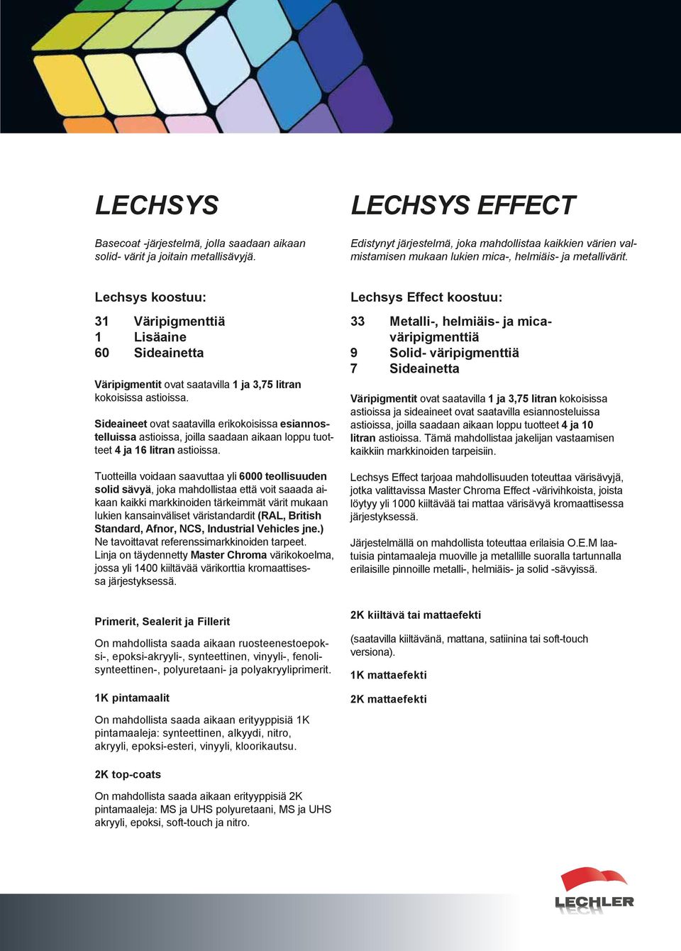 Lechsys koostuu: 31 Väripigmenttiä 1 Lisäaine 60 Sideainetta Väripigmentit ovat saatavilla 1 ja 3,75 litran kokoisissa astioissa.