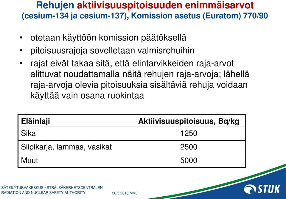 raja-arvot alittuvat noudattamalla näitä rehujen raja-arvoja; lähellä raja-arvoja olevia pitoisuuksia sisältäviä rehuja